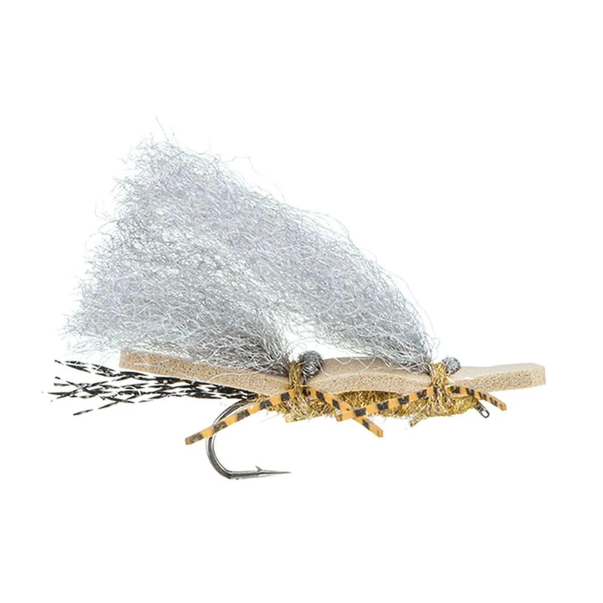 Fliegenköder, Trockenfliege, Angelhaken, graue Feder, beige Körper
